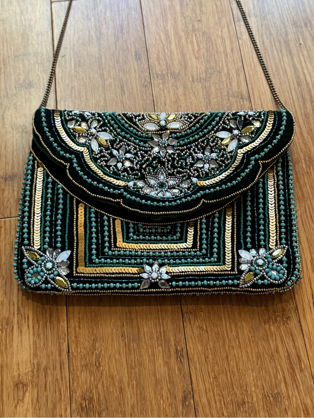 Lulu’s Embellished Teal and Gold Evening Crossbody Clutch